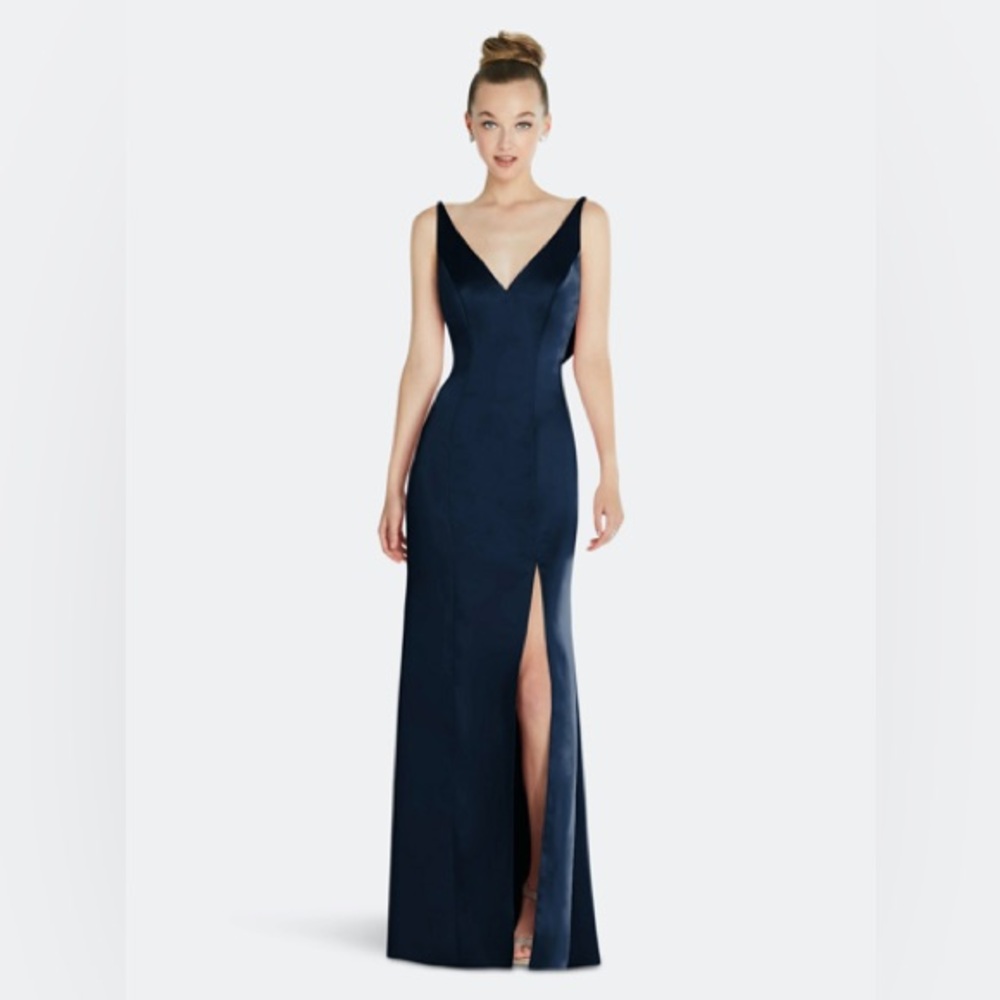 AFTER SIX DRAPED COWL-BACK PRINCESS LINE DRESS WITH FRONT SLIT IN MIDNIGHT NAVY